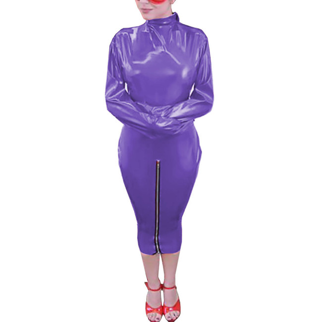 Spandex PVC Women's Wrap Dress Unisex Turtleneck Hobble Dress Wetlook Outfit Sexy Sheath Bandage Sleeve Dress Halloween Party