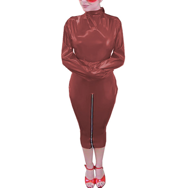 Spandex PVC Women's Wrap Dress Unisex Turtleneck Hobble Dress Wetlook Outfit Sexy Sheath Bandage Sleeve Dress Halloween Party