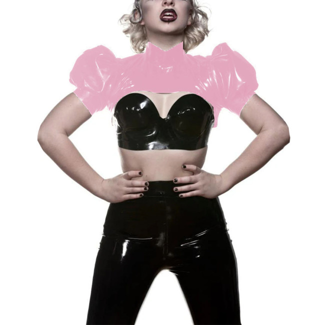 Sissy Women Fashion Mini Tops Mock Neck Puff Short Sleeve Attire Vintage Daily Match Apparel Shiny Faux Latex Strweet Wear