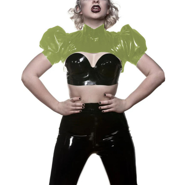 Sissy Women Fashion Mini Tops Mock Neck Puff Short Sleeve Attire Vintage Daily Match Apparel Shiny Faux Latex Strweet Wear