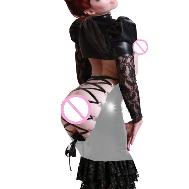 New Sexy Back Lace Up Bodycon Midi Skirts Exotic Hollowed Out Slim PVC Hip Hugging Skirt Lace Ruffles Bodycon Skirts Clubwear