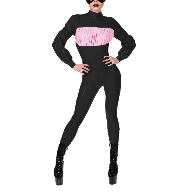 Glossy PVC Leather Jumpsuits Lady Long Sleeve Catsuits Crotch Zip-up Novelty Bodysuits Women Slim Fit Club Aesthetics Rompers