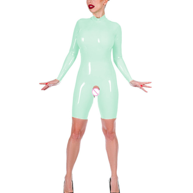 Fetish Queen Women Exotic Jumpsuits Round Neck Long Sleeve Zentai Sexy Open Crotch Skinny Bodysuits Shiny PVC Leather Leotard