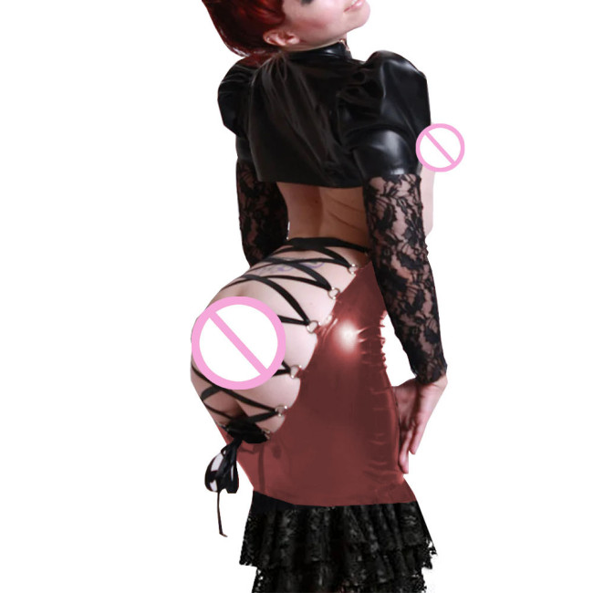 New Sexy Back Lace Up Bodycon Midi Skirts Exotic Hollowed Out Slim PVC Hip Hugging Skirt Lace Ruffles Bodycon Skirts Clubwear