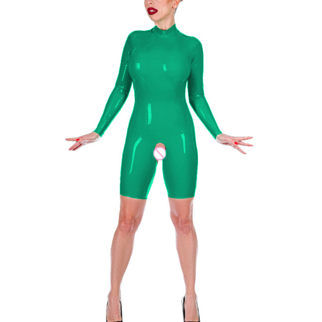 Fetish Queen Women Exotic Jumpsuits Round Neck Long Sleeve Zentai Sexy Open Crotch Skinny Bodysuits Shiny PVC Leather Leotard