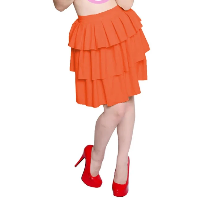Pleated A-Line Skirt Wetlook Ruffle Sweet Tierred PVC Shiny Skirts Womens Preppy Style Skirt Female PU High Waist Fluffy Skirts