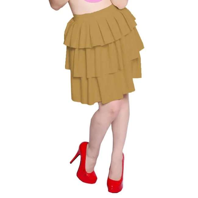 Pleated A-Line Skirt Wetlook Ruffle Sweet Tierred PVC Shiny Skirts Womens Preppy Style Skirt Female PU High Waist Fluffy Skirts
