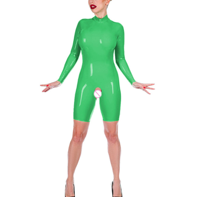 Fetish Queen Women Exotic Jumpsuits Round Neck Long Sleeve Zentai Sexy Open Crotch Skinny Bodysuits Shiny PVC Leather Leotard