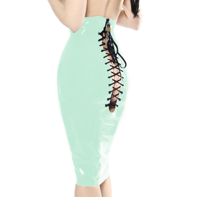 Fetish Mistress Hobble Skirts Lockable Vinyl PVC Leather High Wiast Sheath Midi Skirt Sexy PU Hip Hugging Skirt Hollow Clubwear