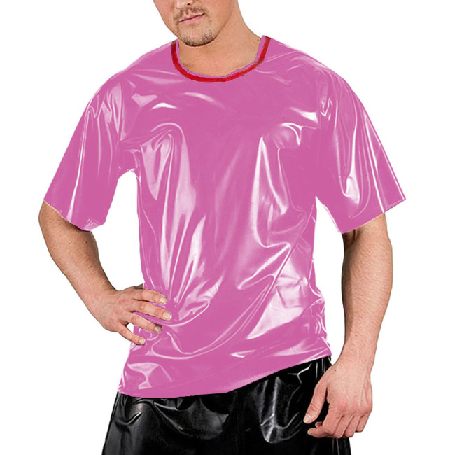 Red Patchwork O-neck Men Shirt Short Sleeve Sexy Club Night T-Shirts Tops Smooth Slim Clubwear Costumes Dance Performance