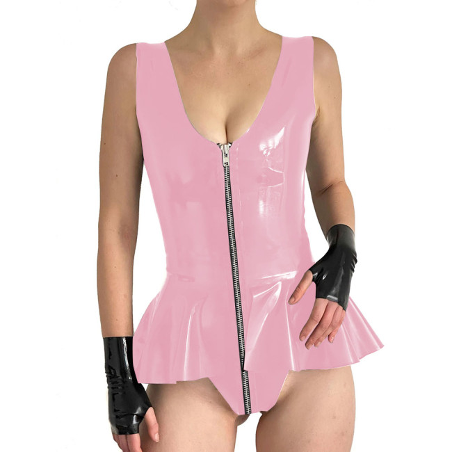 Sexy Bodysuit V-Neck With Big Ruffles Front Zip Bodycon  PVC Sleeveless Romper Women Catsuit Plus Size Clubwear Cosplay Costume