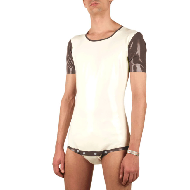 Mens Casual Wetlook Patent Leather Romper Short Sleeve O-neck Button Up Patchwork Bodysuit Shiny PVC Cosplay High Cut Catsuit
