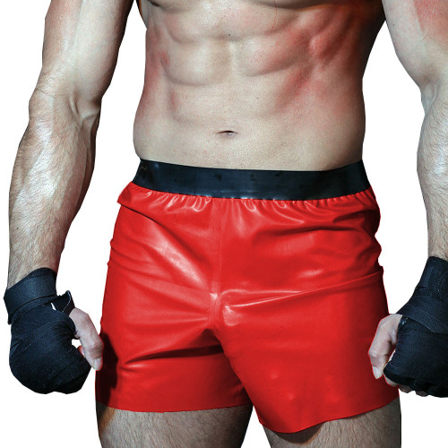 Mens Faux Latex-look Boxer High-waisted Gym Sport Shorts Glossy PVC Leather Patchwork Underwear Loose Hot Pants Male Clubwear