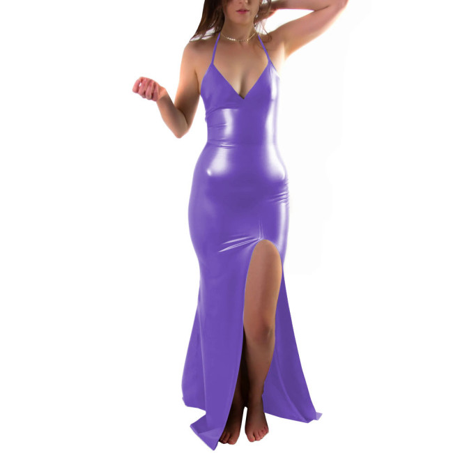 PVC Leather Women Long Dress Sexy Halter Slit Leg Gown Sleeveless Female Dress Night Club Outfits Plus Size Cosplay Costume