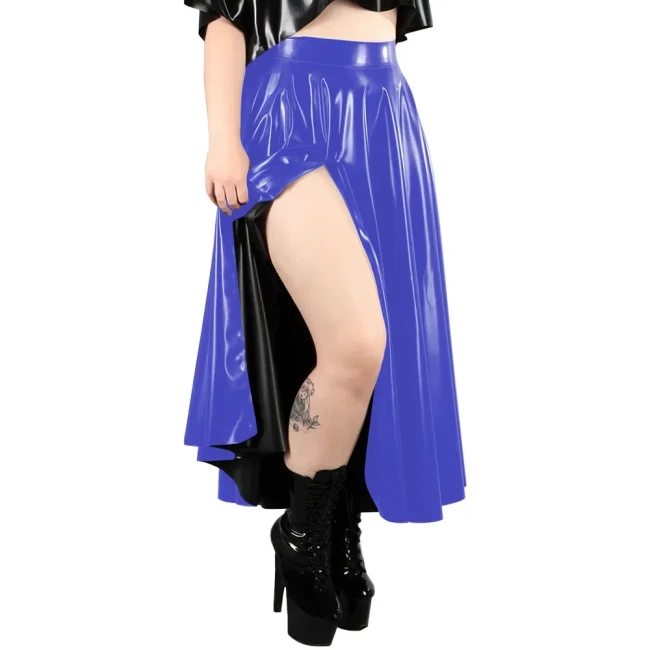 New Fashion Solid Color PVC Shiny Midi Skirts High Waist Split Casual Commuter Skirt Glossy PU A-line Pleated Skirts Streetwear