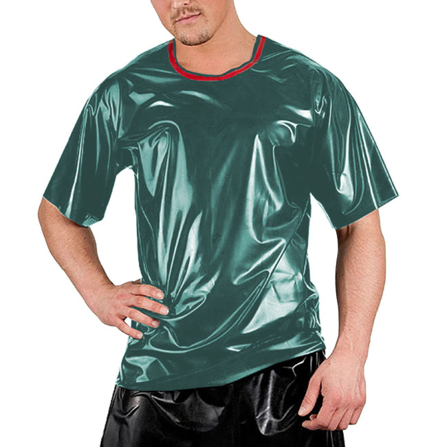 Red Patchwork O-neck Men Shirt Short Sleeve Sexy Club Night T-Shirts Tops Smooth Slim Clubwear Costumes Dance Performance