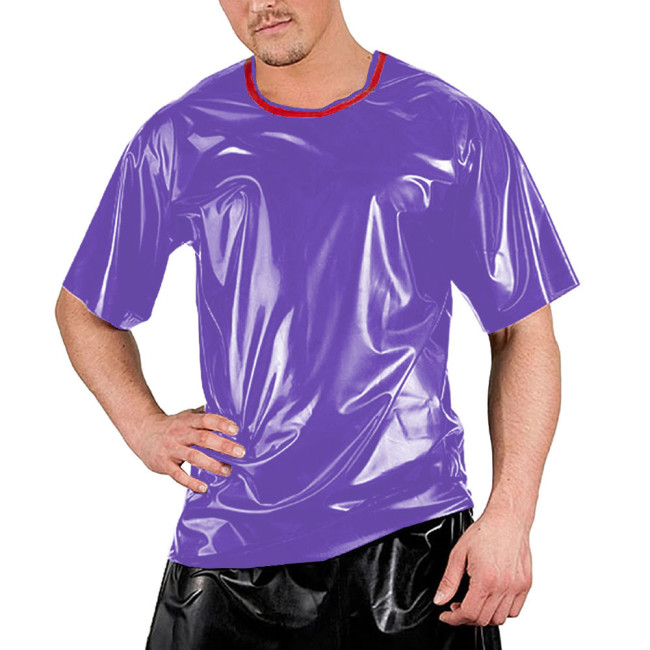 Red Patchwork O-neck Men Shirt Short Sleeve Sexy Club Night T-Shirts Tops Smooth Slim Clubwear Costumes Dance Performance