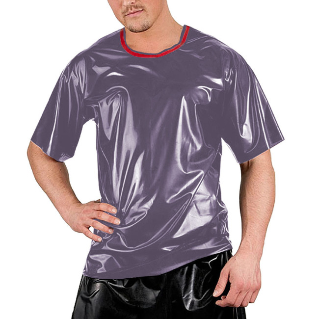 Red Patchwork O-neck Men Shirt Short Sleeve Sexy Club Night T-Shirts Tops Smooth Slim Clubwear Costumes Dance Performance