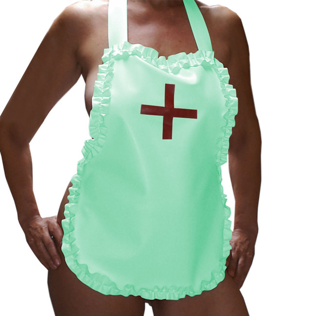 Sexy Nurse Maid Apron Ruffles Party Club Work Services Bib Outfit Glossy PVC Leather Lace-up Cosplay Waiter Pinafore Accessories