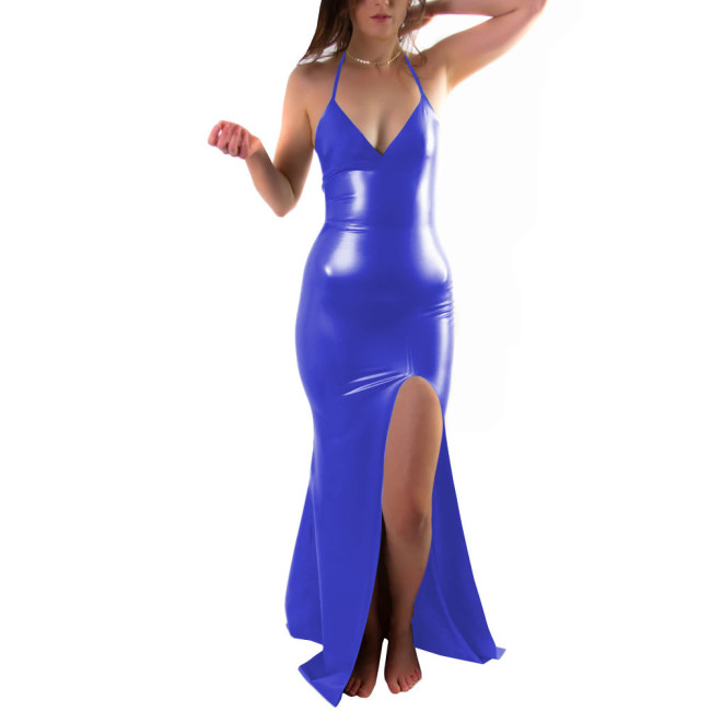 PVC Leather Women Long Dress Sexy Halter Slit Leg Gown Sleeveless Female Dress Night Club Outfits Plus Size Cosplay Costume