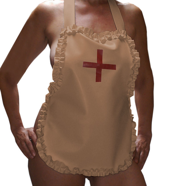 Sexy Nurse Maid Apron Ruffles Party Club Work Services Bib Outfit Glossy PVC Leather Lace-up Cosplay Waiter Pinafore Accessories