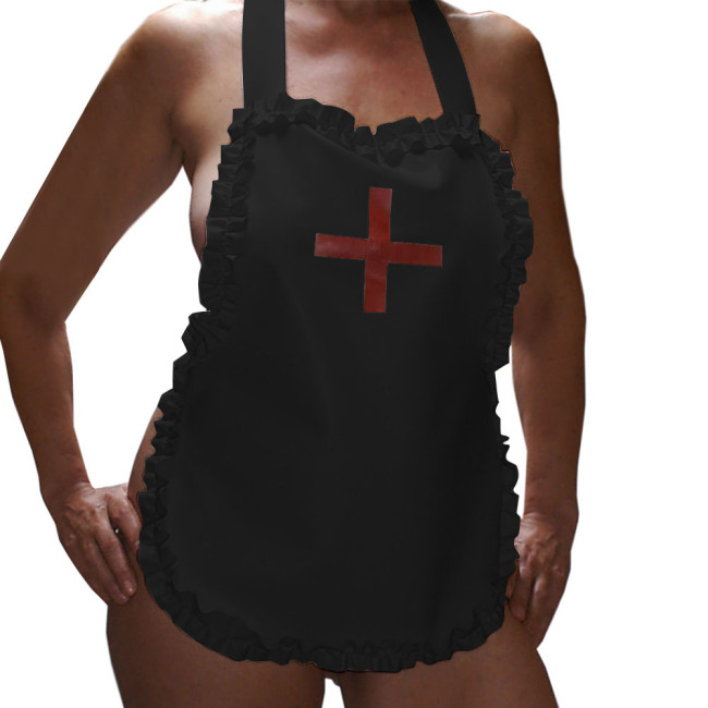 Sexy Nurse Maid Apron Ruffles Party Club Work Services Bib Outfit Glossy PVC Leather Lace-up Cosplay Waiter Pinafore Accessories