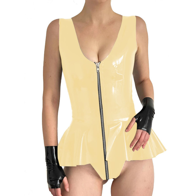 Sexy Bodysuit V-Neck With Big Ruffles Front Zip Bodycon  PVC Sleeveless Romper Women Catsuit Plus Size Clubwear Cosplay Costume