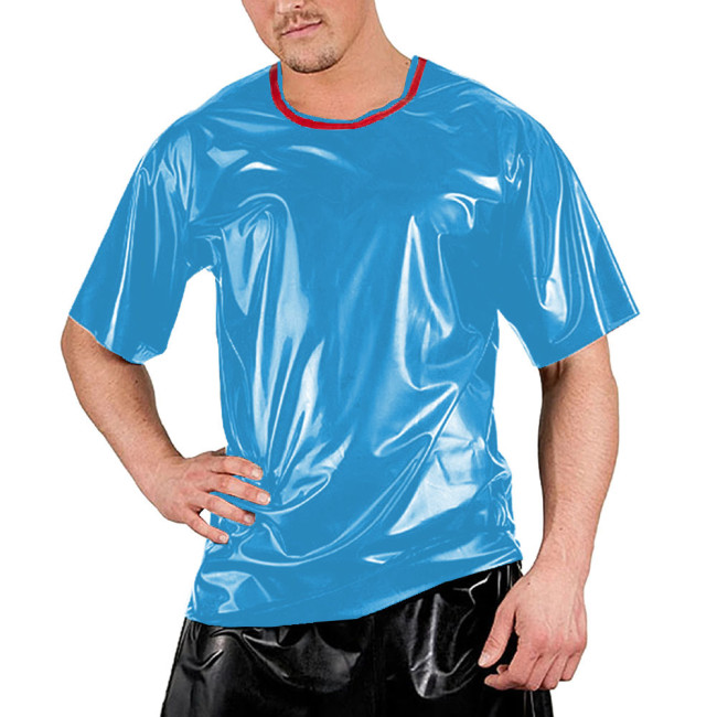 Red Patchwork O-neck Men Shirt Short Sleeve Sexy Club Night T-Shirts Tops Smooth Slim Clubwear Costumes Dance Performance