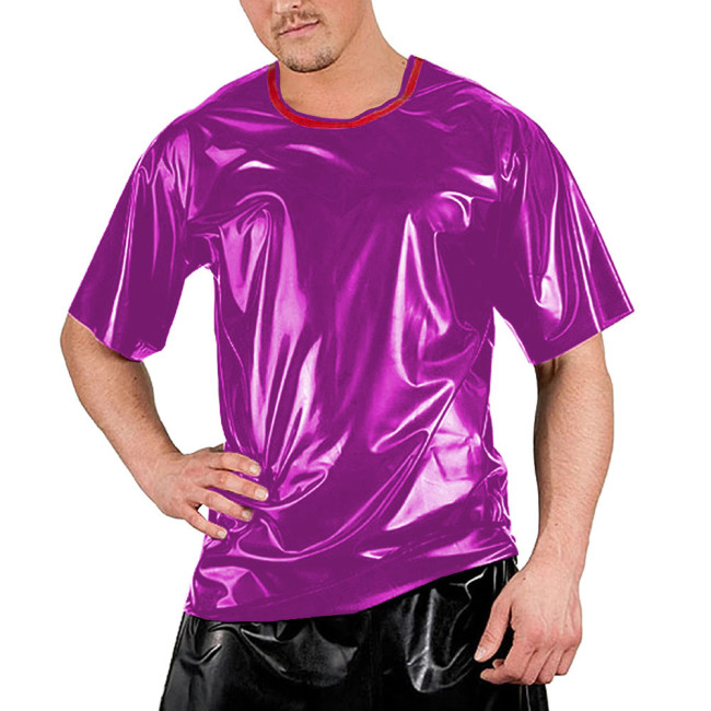 Red Patchwork O-neck Men Shirt Short Sleeve Sexy Club Night T-Shirts Tops Smooth Slim Clubwear Costumes Dance Performance