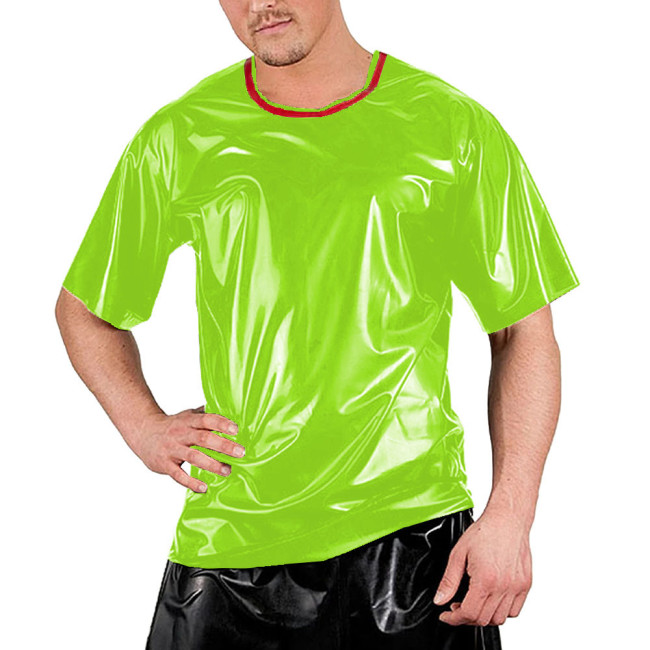 Red Patchwork O-neck Men Shirt Short Sleeve Sexy Club Night T-Shirts Tops Smooth Slim Clubwear Costumes Dance Performance