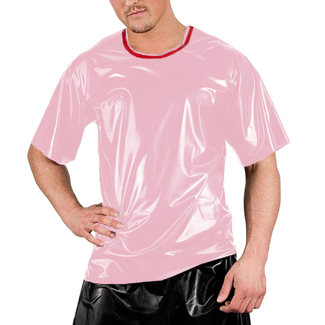 Red Patchwork O-neck Men Shirt Short Sleeve Sexy Club Night T-Shirts Tops Smooth Slim Clubwear Costumes Dance Performance