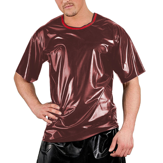 Red Patchwork O-neck Men Shirt Short Sleeve Sexy Club Night T-Shirts Tops Smooth Slim Clubwear Costumes Dance Performance