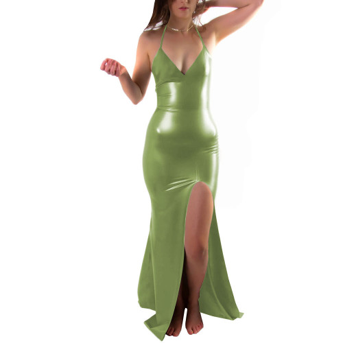 PVC Leather Women Long Dress Sexy Halter Slit Leg Gown Sleeveless Female Dress Night Club Outfits Plus Size Cosplay Costume