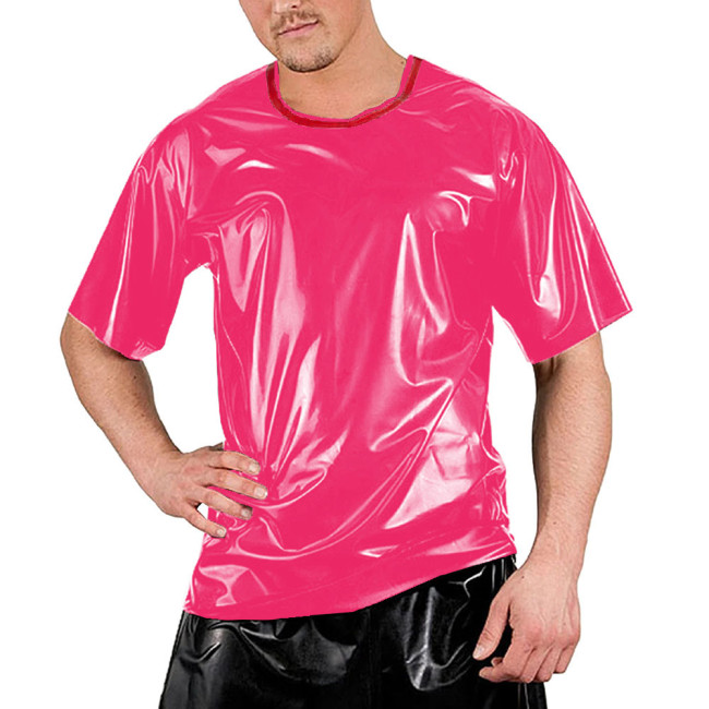 Red Patchwork O-neck Men Shirt Short Sleeve Sexy Club Night T-Shirts Tops Smooth Slim Clubwear Costumes Dance Performance