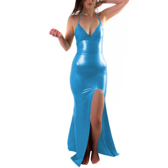 PVC Leather Women Long Dress Sexy Halter Slit Leg Gown Sleeveless Female Dress Night Club Outfits Plus Size Cosplay Costume