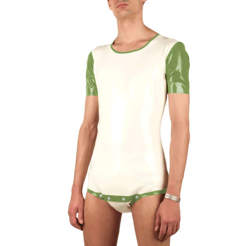 Mens Casual Wetlook Patent Leather Romper Short Sleeve O-neck Button Up Patchwork Bodysuit Shiny PVC Cosplay High Cut Catsuit