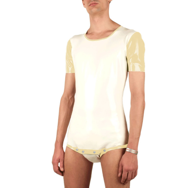 Mens Casual Wetlook Patent Leather Romper Short Sleeve O-neck Button Up Patchwork Bodysuit Shiny PVC Cosplay High Cut Catsuit