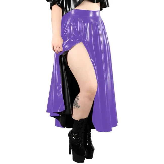 New Fashion Solid Color PVC Shiny Midi Skirts High Waist Split Casual Commuter Skirt Glossy PU A-line Pleated Skirts Streetwear