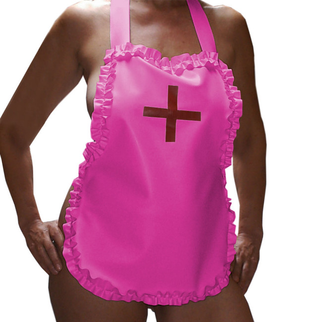 Sexy Nurse Maid Apron Ruffles Party Club Work Services Bib Outfit Glossy PVC Leather Lace-up Cosplay Waiter Pinafore Accessories