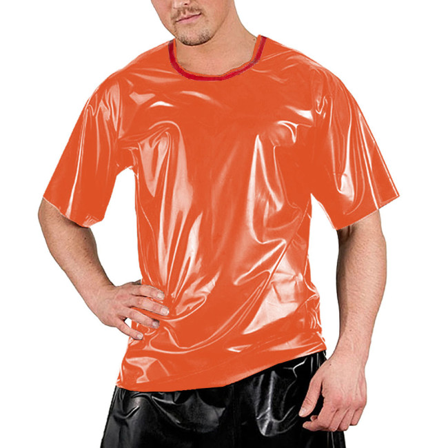 Red Patchwork O-neck Men Shirt Short Sleeve Sexy Club Night T-Shirts Tops Smooth Slim Clubwear Costumes Dance Performance