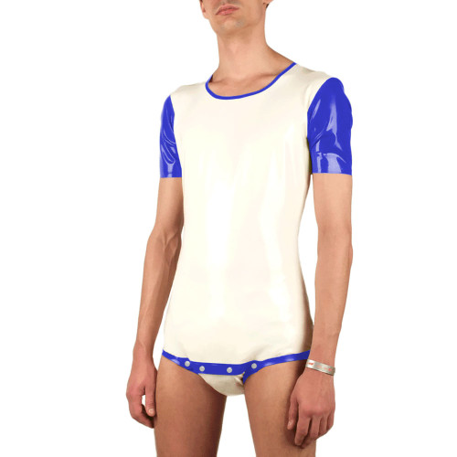 Mens Casual Wetlook Patent Leather Romper Short Sleeve O-neck Button Up Patchwork Bodysuit Shiny PVC Cosplay High Cut Catsuit