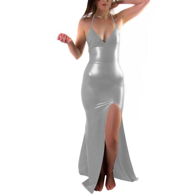 PVC Leather Women Long Dress Sexy Halter Slit Leg Gown Sleeveless Female Dress Night Club Outfits Plus Size Cosplay Costume