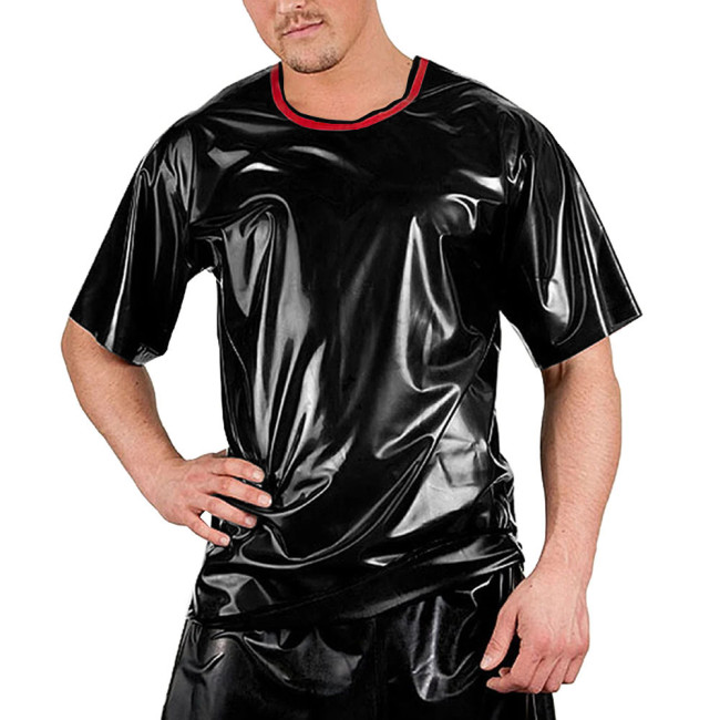 Red Patchwork O-neck Men Shirt Short Sleeve Sexy Club Night T-Shirts Tops Smooth Slim Clubwear Costumes Dance Performance