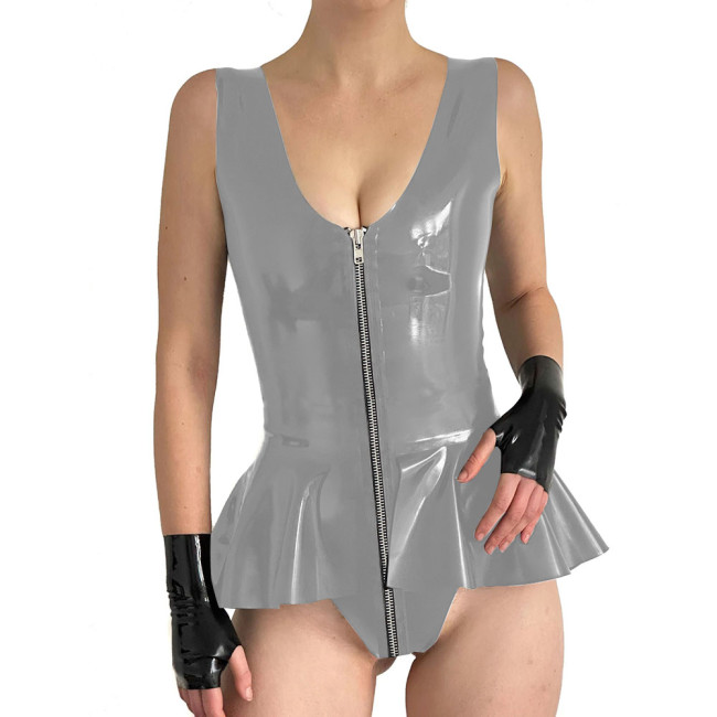 Sexy Bodysuit V-Neck With Big Ruffles Front Zip Bodycon  PVC Sleeveless Romper Women Catsuit Plus Size Clubwear Cosplay Costume