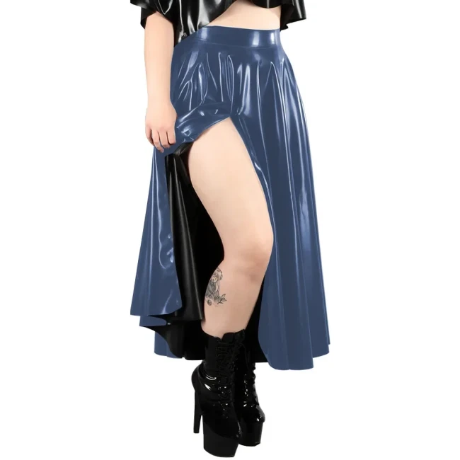 New Fashion Solid Color PVC Shiny Midi Skirts High Waist Split Casual Commuter Skirt Glossy PU A-line Pleated Skirts Streetwear