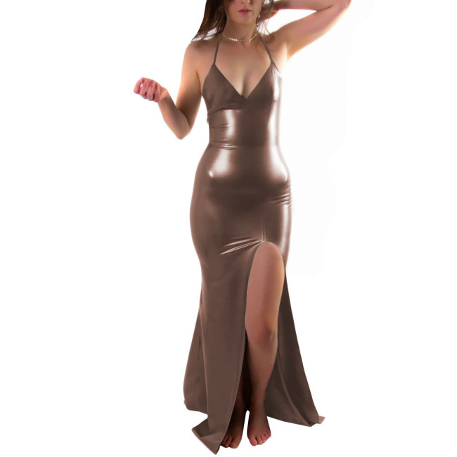 PVC Leather Women Long Dress Sexy Halter Slit Leg Gown Sleeveless Female Dress Night Club Outfits Plus Size Cosplay Costume