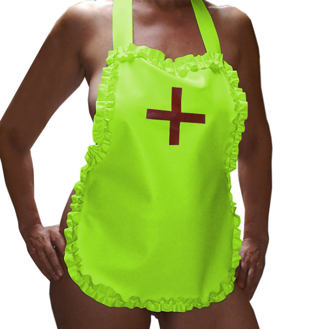 Sexy Nurse Maid Apron Ruffles Party Club Work Services Bib Outfit Glossy PVC Leather Lace-up Cosplay Waiter Pinafore Accessories