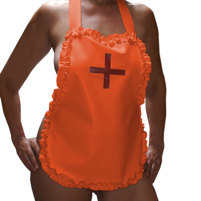 Sexy Nurse Maid Apron Ruffles Party Club Work Services Bib Outfit Glossy PVC Leather Lace-up Cosplay Waiter Pinafore Accessories