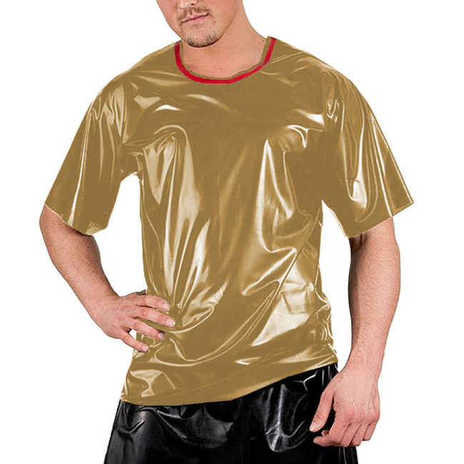 Red Patchwork O-neck Men Shirt Short Sleeve Sexy Club Night T-Shirts Tops Smooth Slim Clubwear Costumes Dance Performance