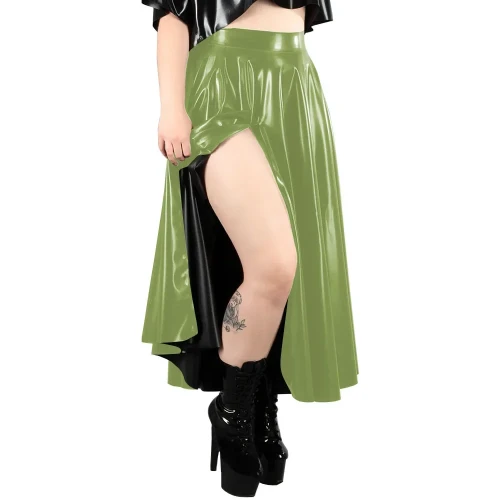 New Fashion Solid Color PVC Shiny Midi Skirts High Waist Split Casual Commuter Skirt Glossy PU A-line Pleated Skirts Streetwear